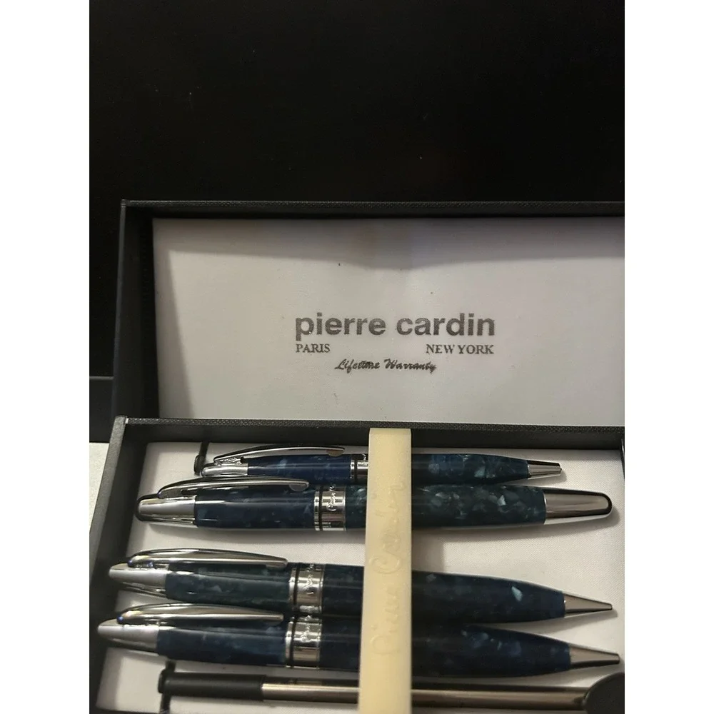 Pierre Cardin 5 Piece Blue Pen Set. Vintage Unused Blue Marble Coloring.
